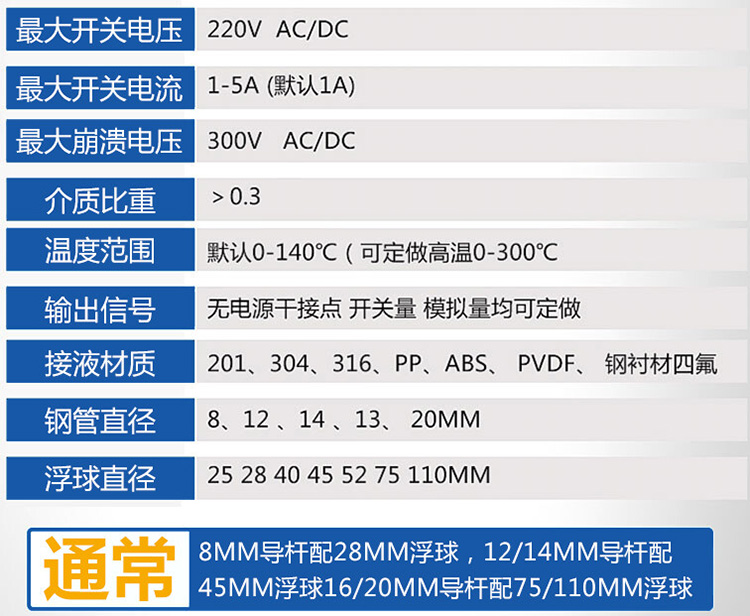 連桿浮球液位計技術參數對照表